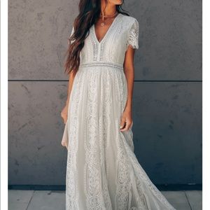 New V NECK SHORT SLEEVE LONG LACE MAXI DRESS